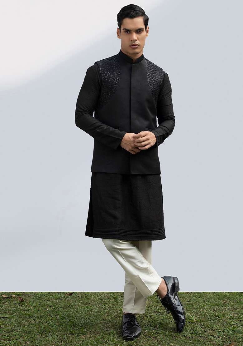 Black Embellished Bundi Jacket For Men - Indya