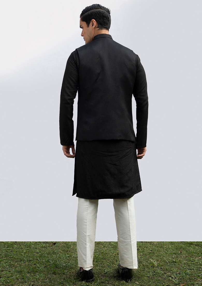 Black Embellished Bundi Jacket For Men - Indya
