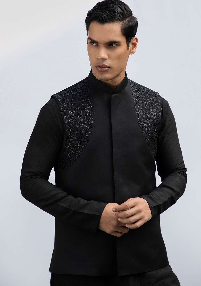 Black Embellished Bundi Jacket For Men - Indya