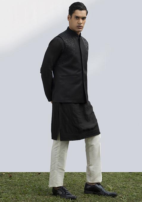 Black Embellished Bundi Jacket For Men