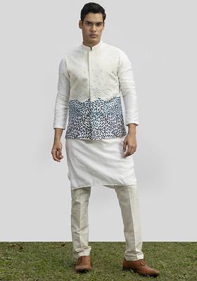 Ivory Embroidered Bundi Jacket And Kurta For Men