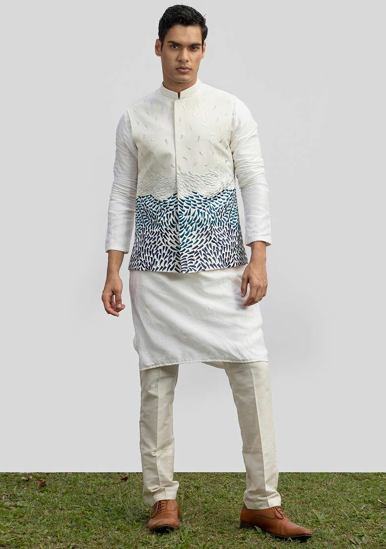 Ivory Embroidered Bundi Jacket And Kurta For Men - Indya
