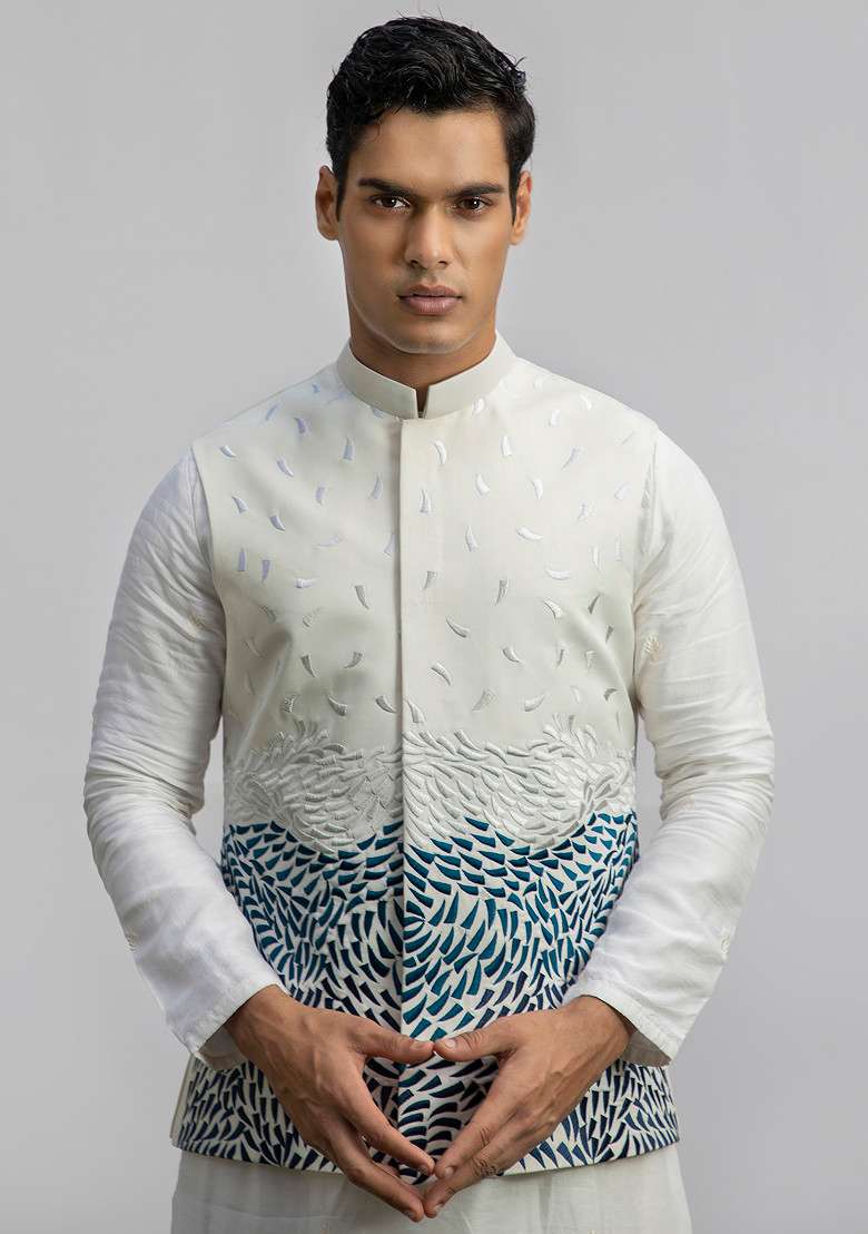 Ivory Embroidered Bundi Jacket And Kurta For Men - Indya
