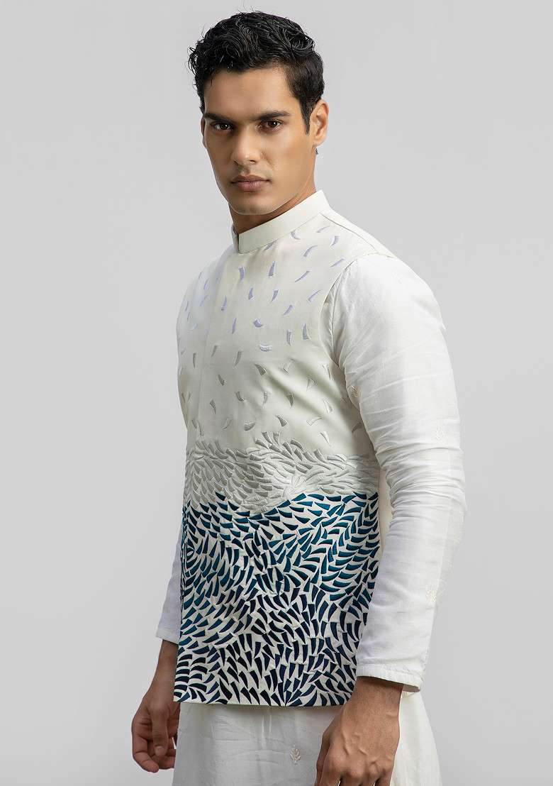 Ivory Embroidered Bundi Jacket And Kurta For Men - Indya
