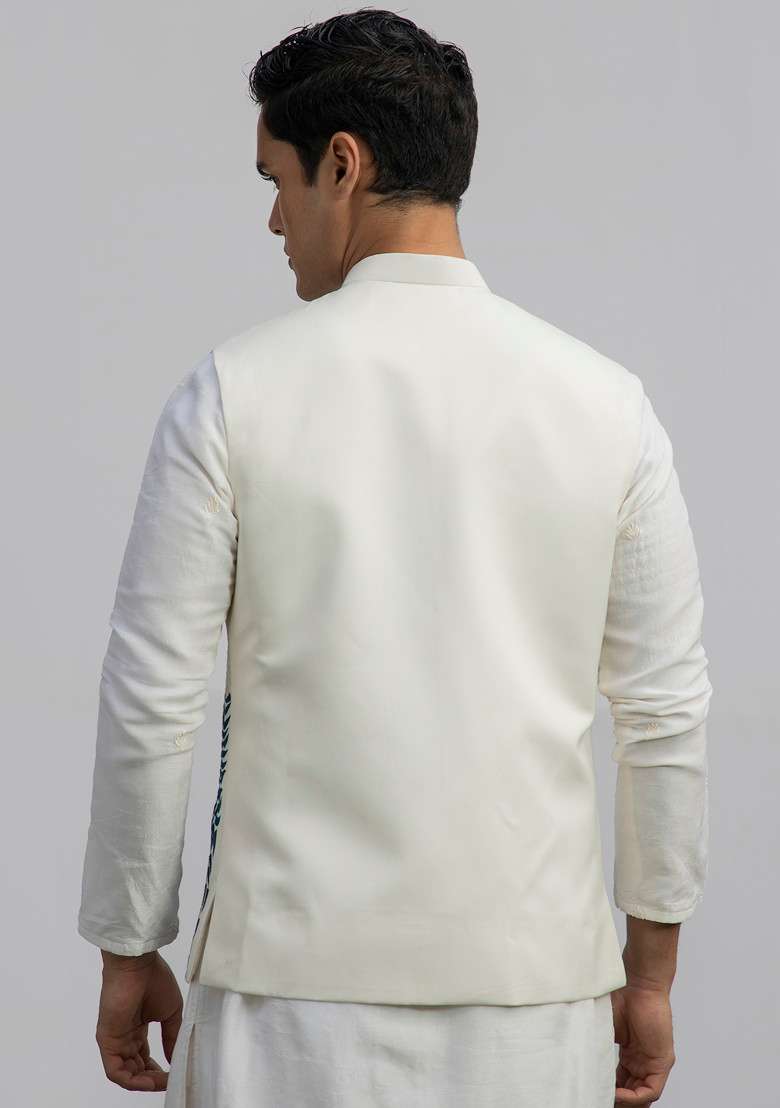 Ivory Embroidered Bundi Jacket And Kurta For Men - Indya