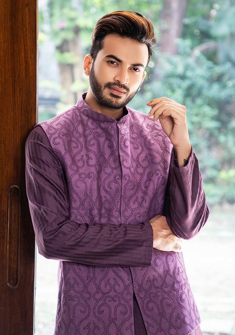 Purple French Knot Embroidered Nehru Jacket For Men