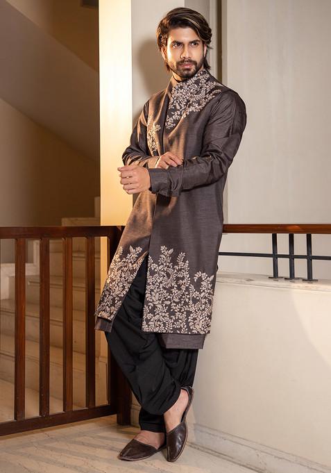 Charcoal Grey Hand Embroidered Long Jacket For Men