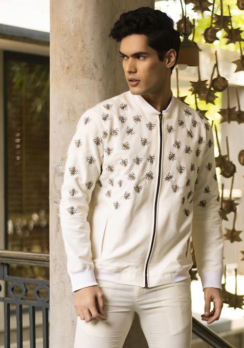 Off White Embroidered Adeel Jacket For Men