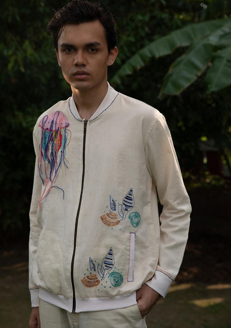 Buy Ivory Embroidered Azure Bomber Jacket For Men Vaani Beswal Indya