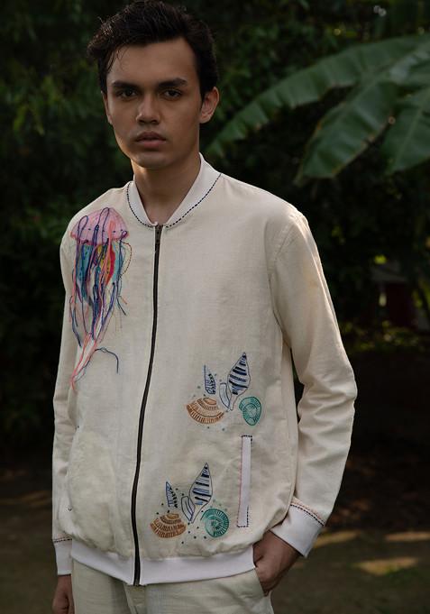 Ivory Embroidered Azure Bomber Jacket For Men