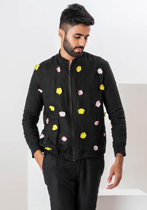 Black Applique Embroidered Bloom Bomber Jacket For Men