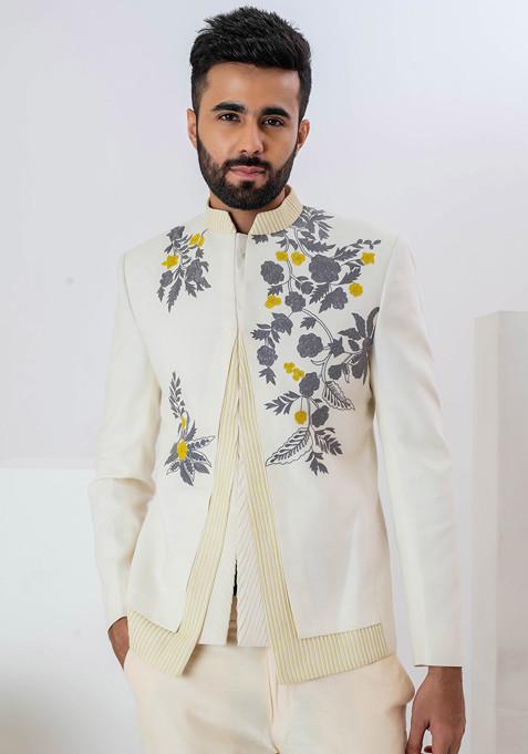 Ivory Thread Embroidered Celeste Coat For Men