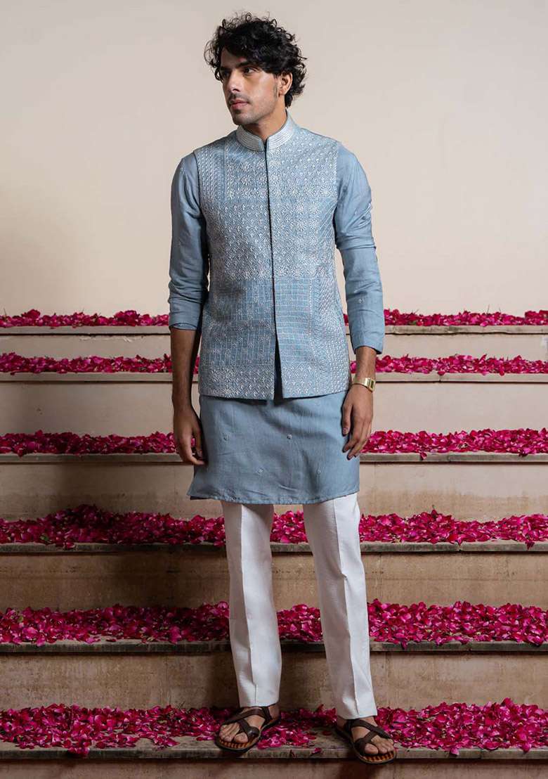 Blue Kantha Work Bundi Jacket For Men - Indya