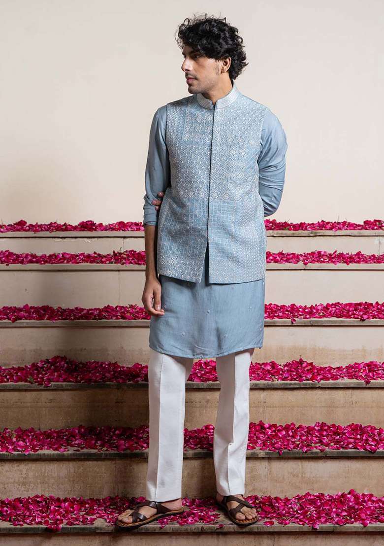 Blue Kantha Work Bundi Jacket For Men - Indya