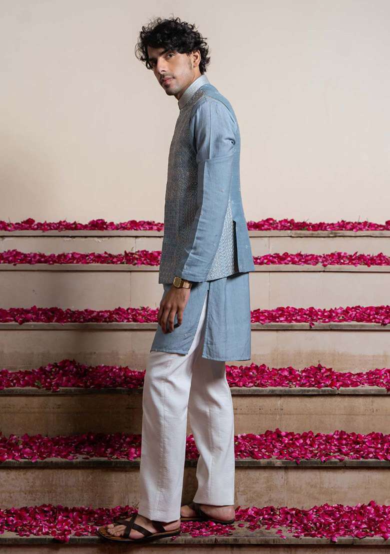 Blue Kantha Work Bundi Jacket For Men - Indya