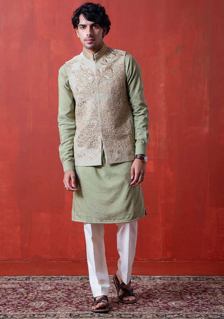 Green Embroidered Work Bundi Jacket For Men - Indya