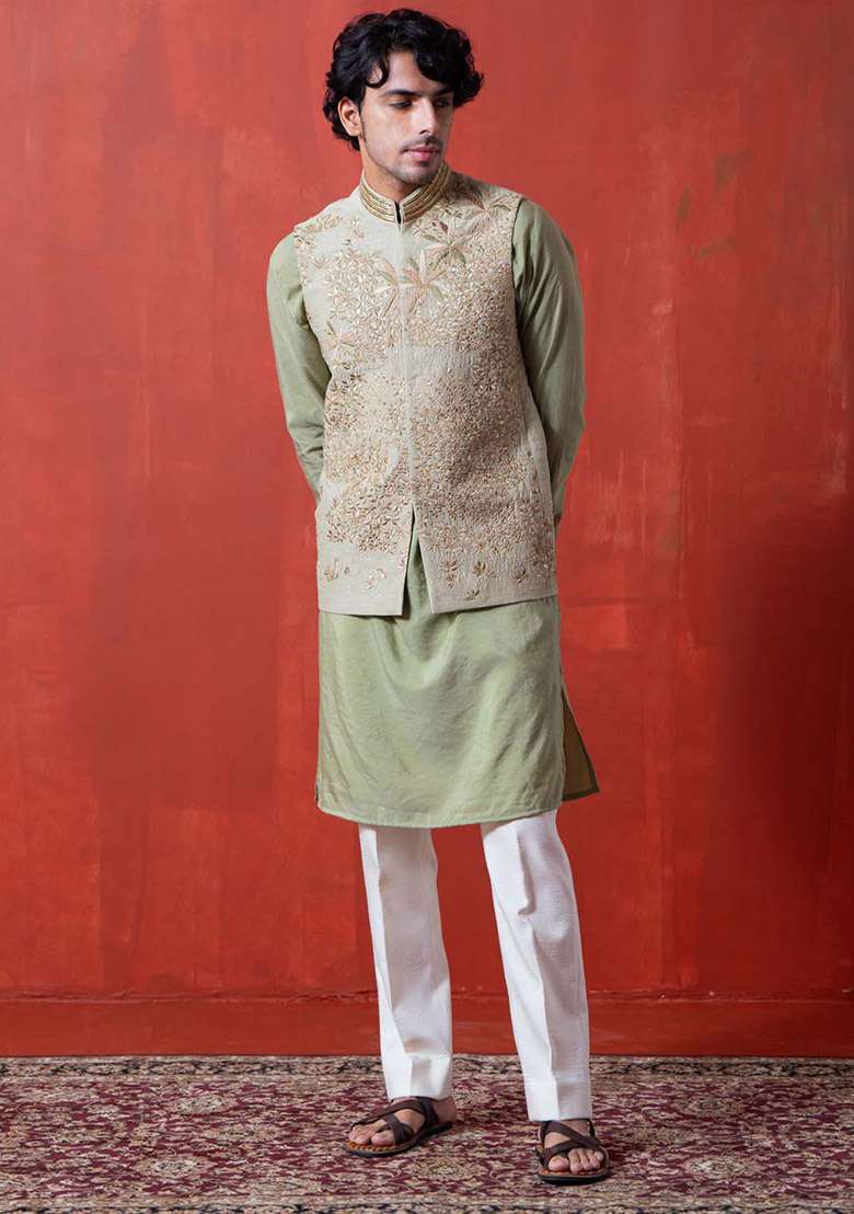 Green Embroidered Work Bundi Jacket For Men - Indya