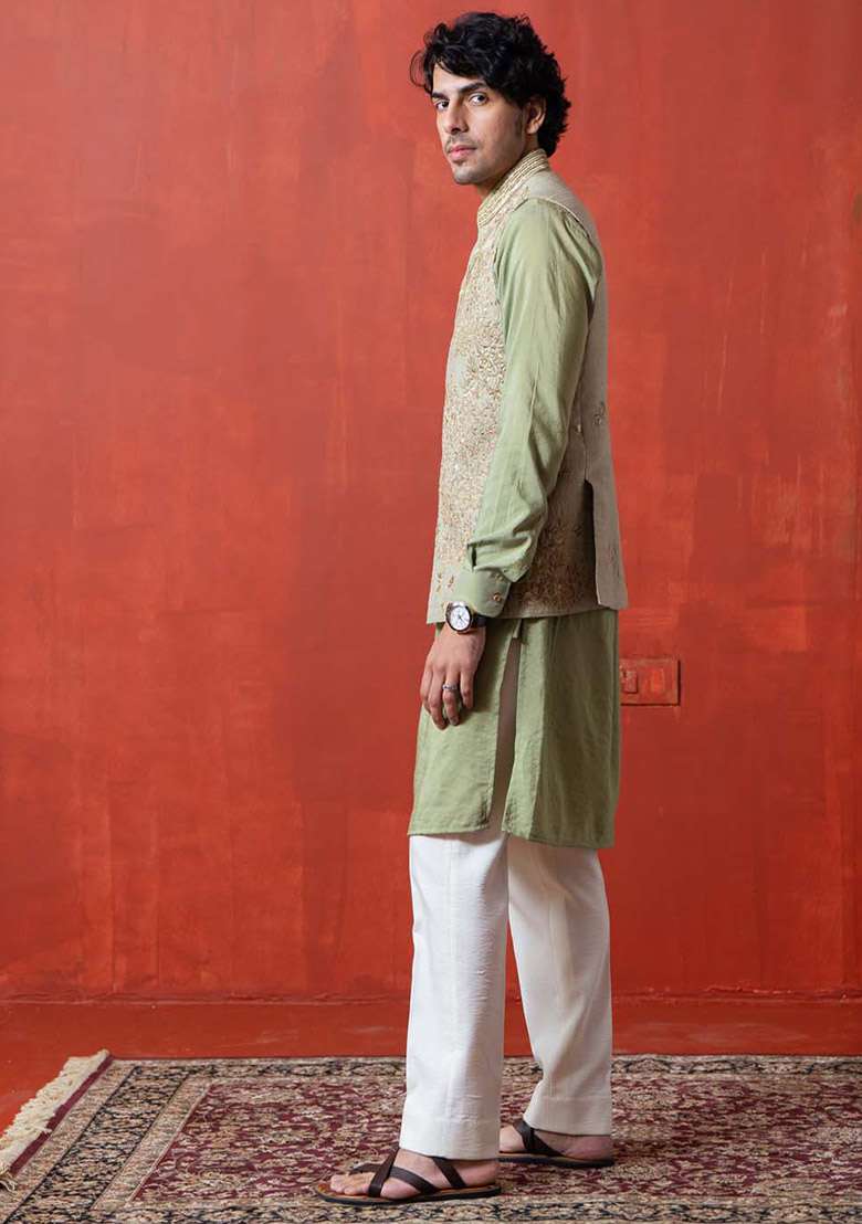 Green Embroidered Work Bundi Jacket For Men - Indya