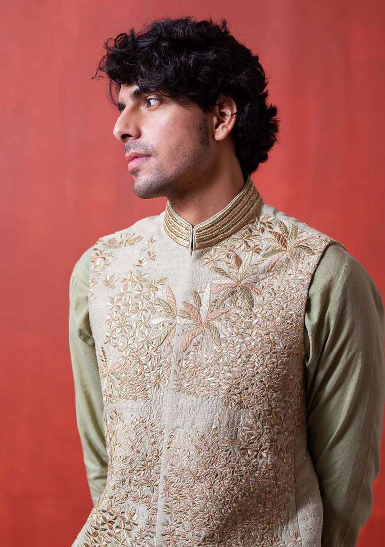 Green Embroidered Work Bundi Jacket For Men - Indya