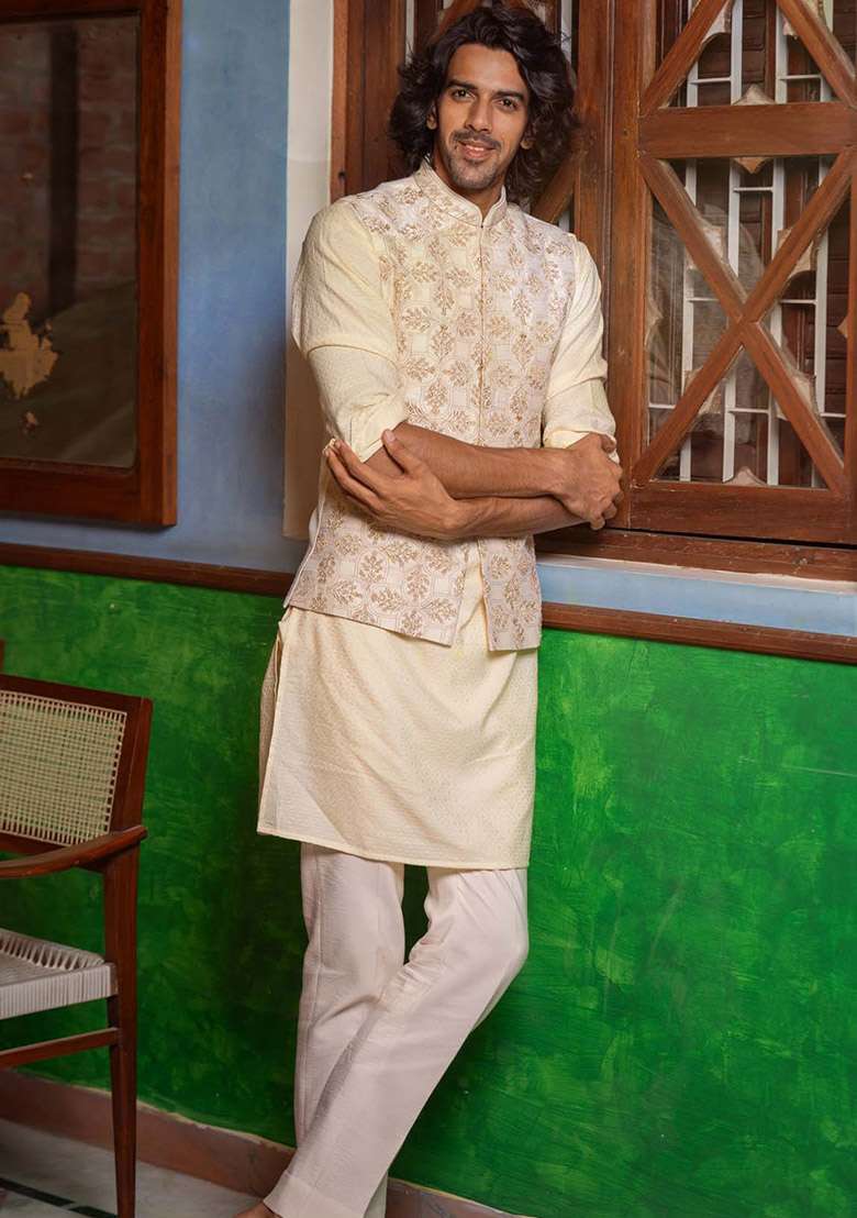 Beige Embroidered Bundi Jacket For Men - Indya