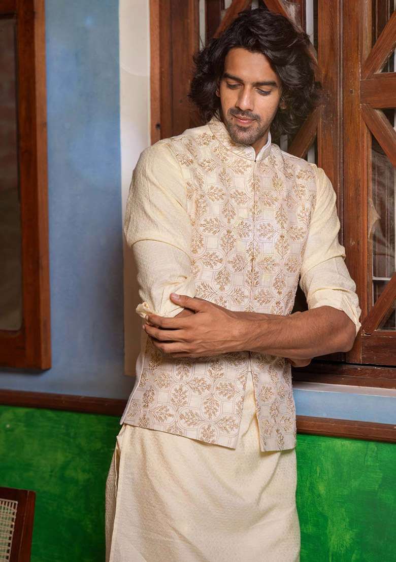 Beige Embroidered Bundi Jacket For Men - Indya