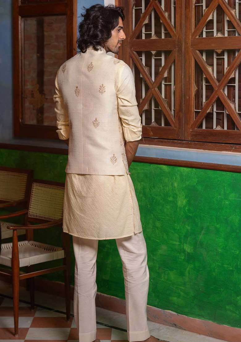Beige Embroidered Bundi Jacket For Men - Indya