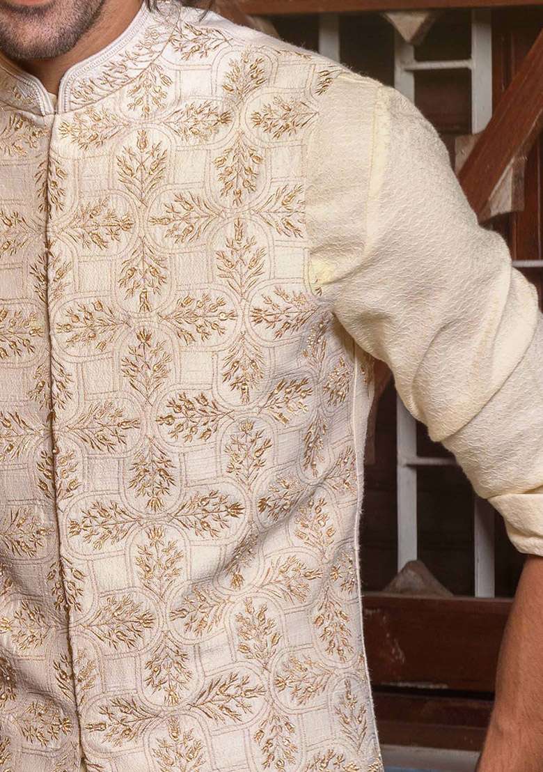 Beige Embroidered Bundi Jacket For Men - Indya