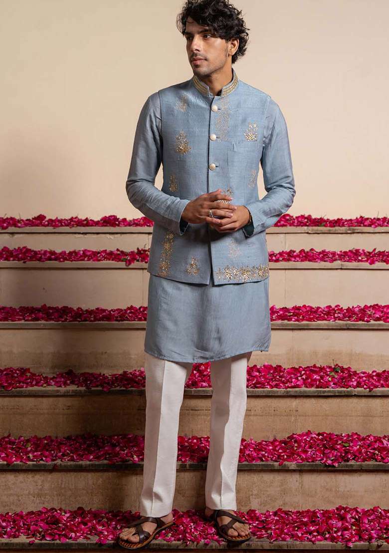 Blue Zardozi Work Bundi Jacket For Men - Indya