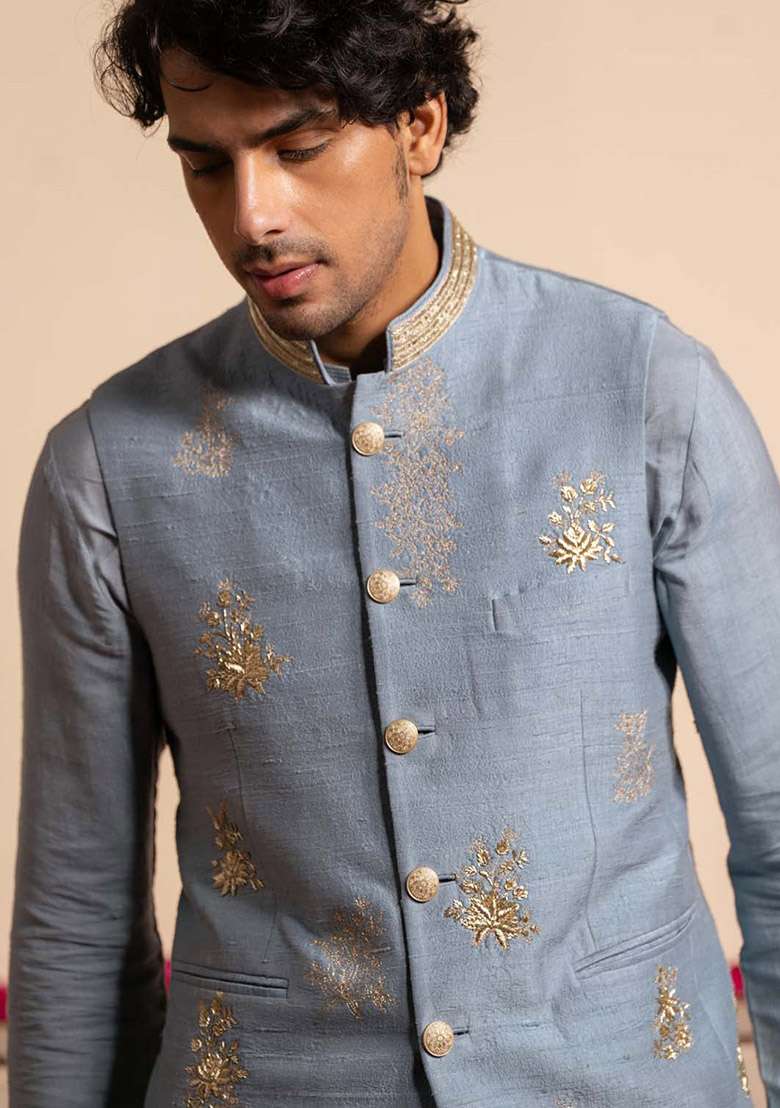 Blue Zardozi Work Bundi Jacket For Men - Indya