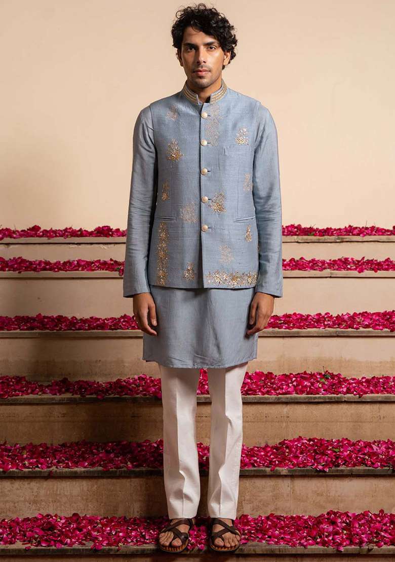 Blue Zardozi Work Bundi Jacket For Men - Indya