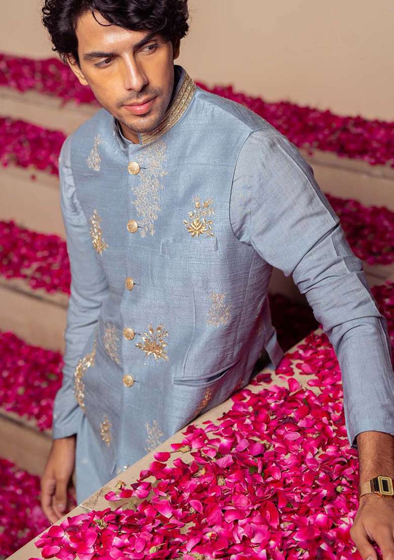 Blue Zardozi Work Bundi Jacket For Men - Indya