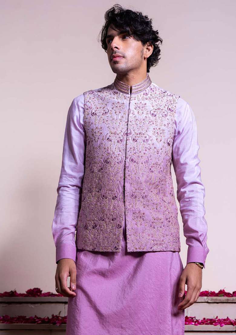 Purple Ombre Embroidered Bundi Jacket For Men - Indya