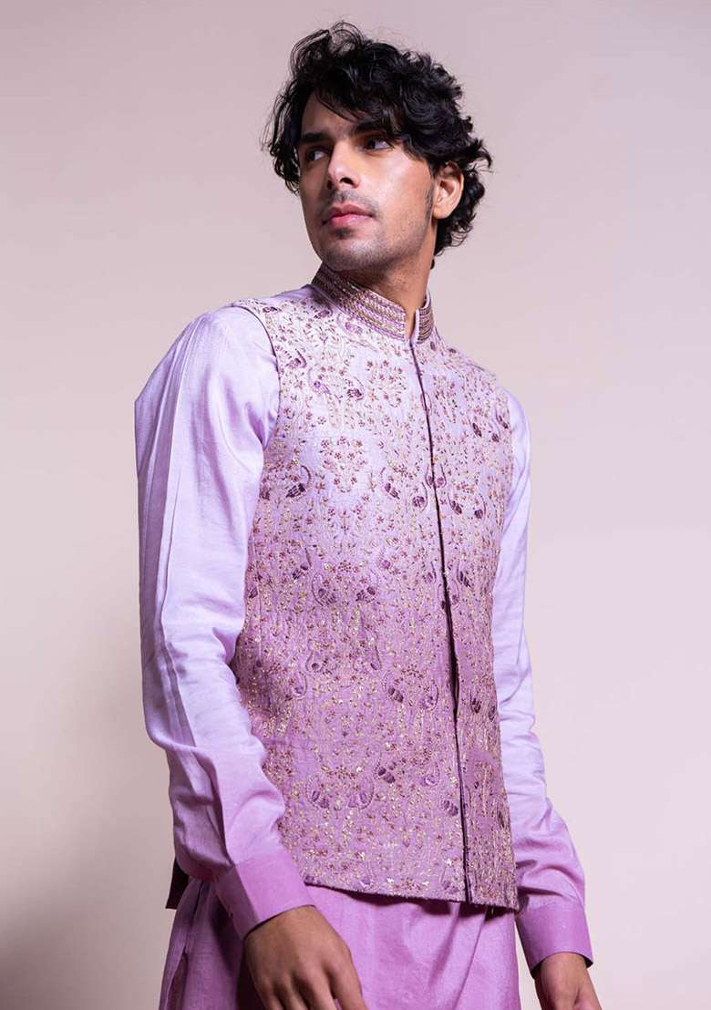 Purple Ombre Embroidered Bundi Jacket For Men - Indya