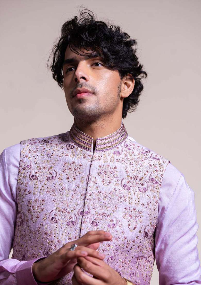 Purple Ombre Embroidered Bundi Jacket For Men - Indya