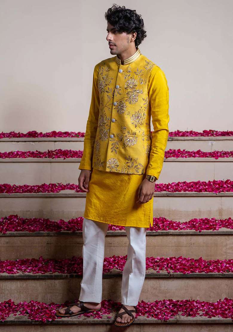 Yellow Embroidered Bundi Jacket For Men - Indya