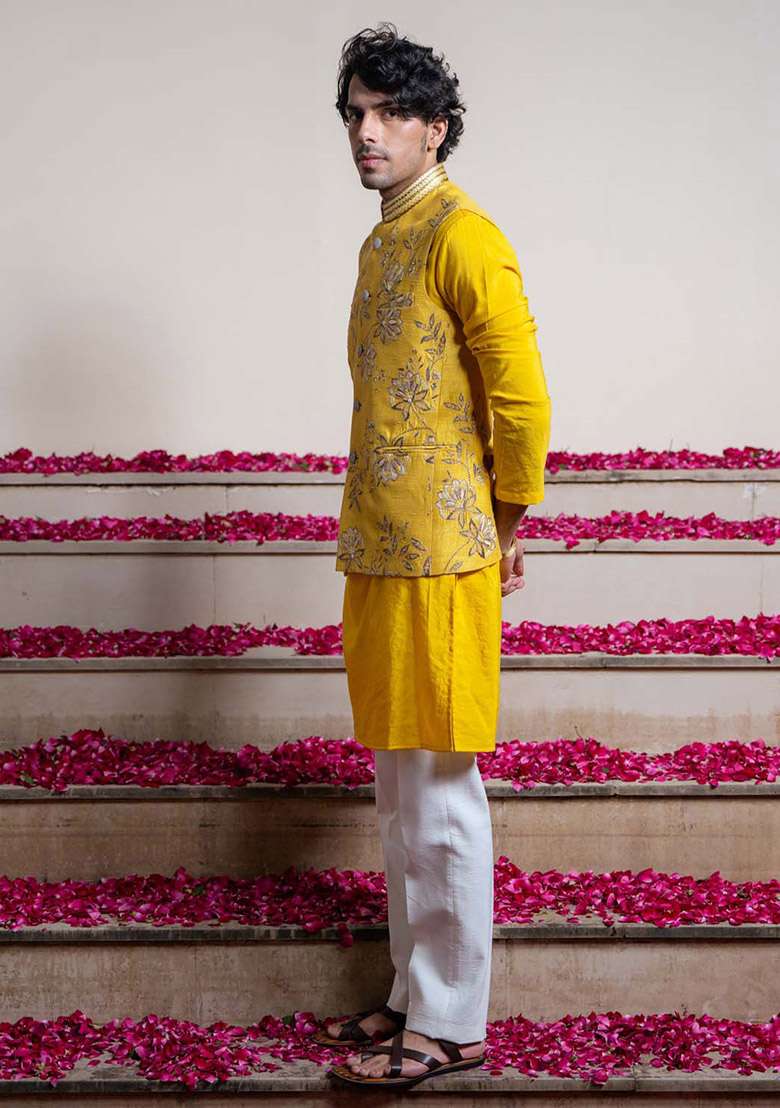 Yellow Embroidered Bundi Jacket For Men - Indya