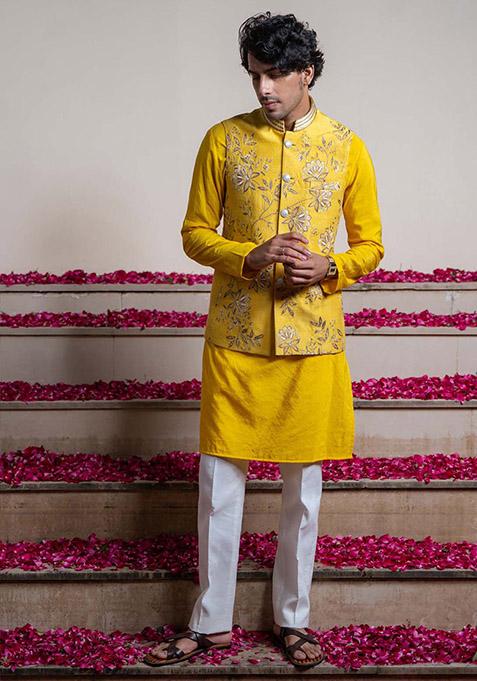 Yellow Embroidered Bundi Jacket For Men