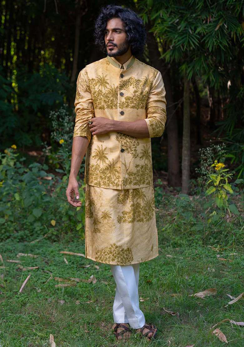 Yellow And Green Bundi Digital Print Jacket For Men - Indya