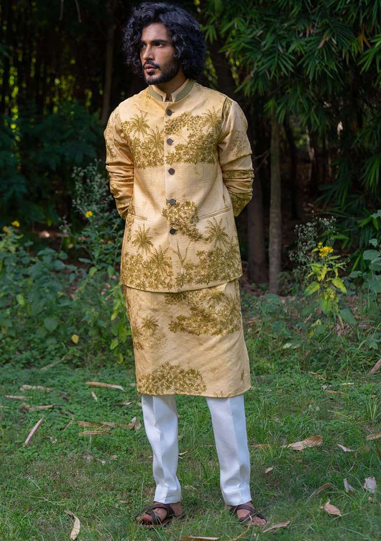Yellow And Green Bundi Digital Print Jacket For Men - Indya