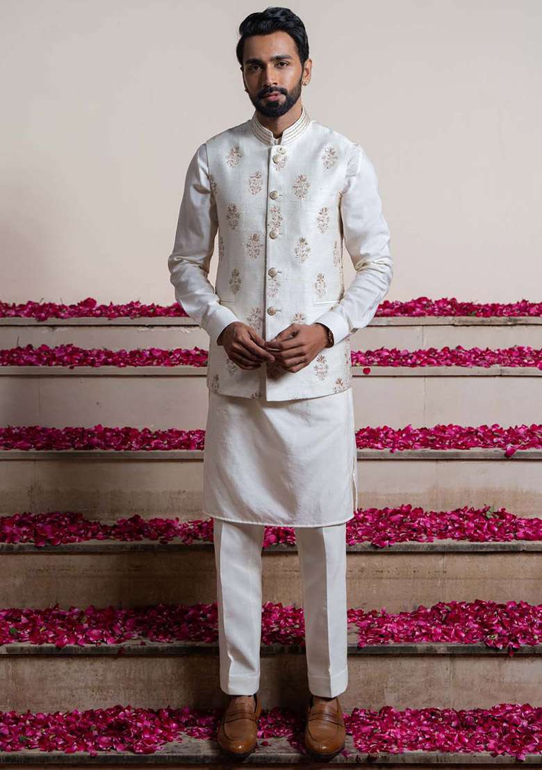 White Embroidered Bundi Jacket For Men - Indya