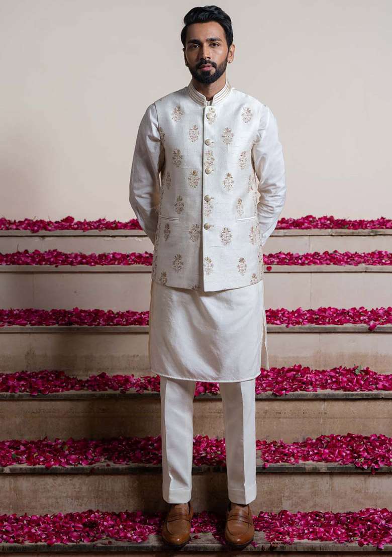 White Embroidered Bundi Jacket For Men - Indya