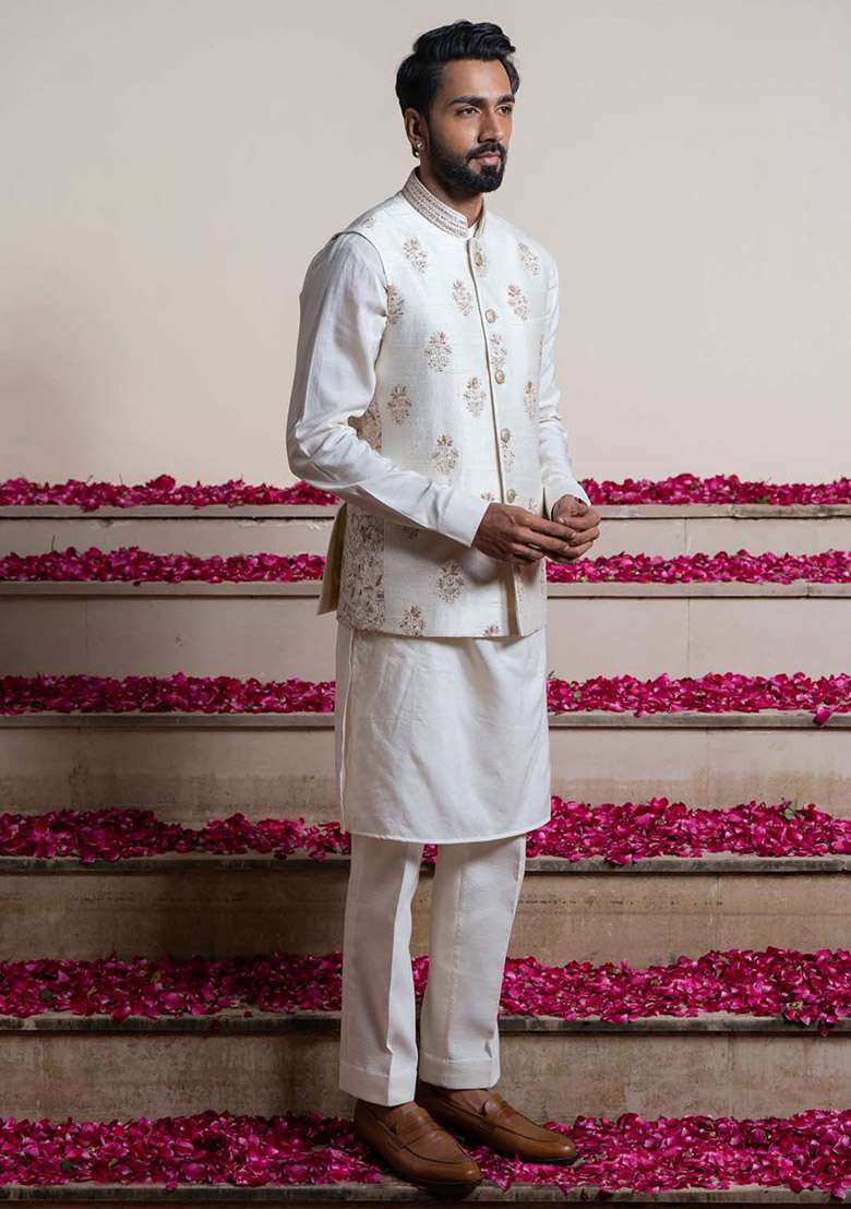 White Embroidered Bundi Jacket For Men - Indya