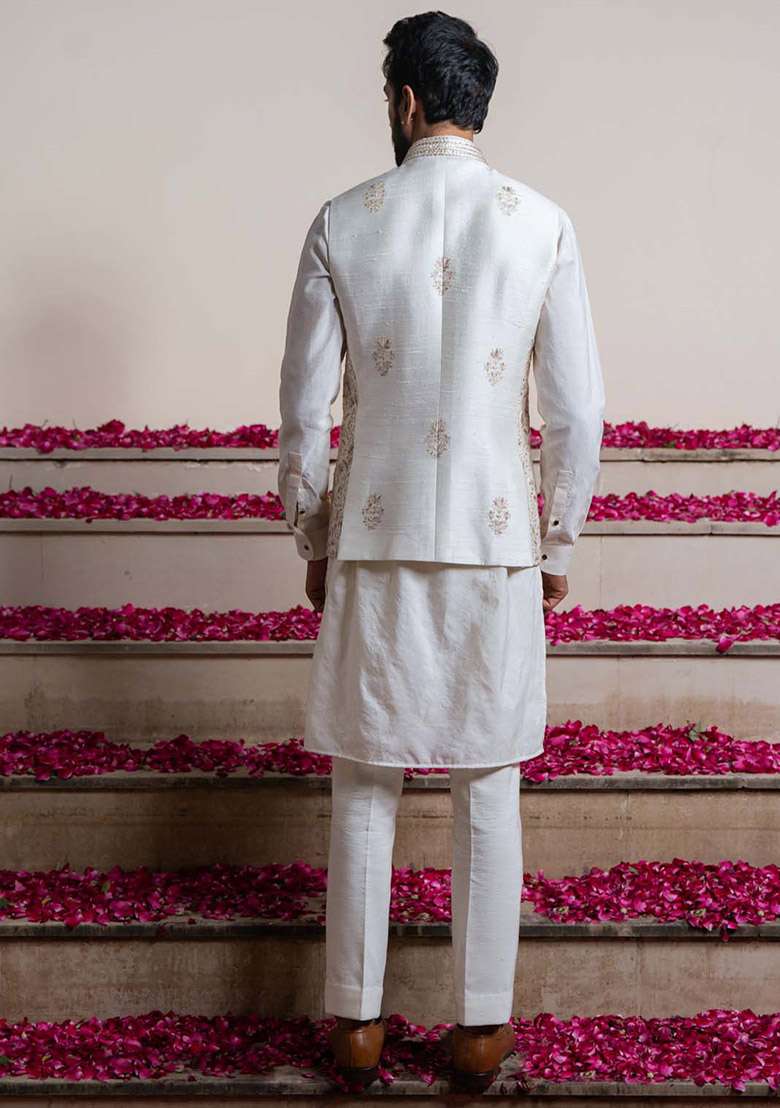 White Embroidered Bundi Jacket For Men - Indya
