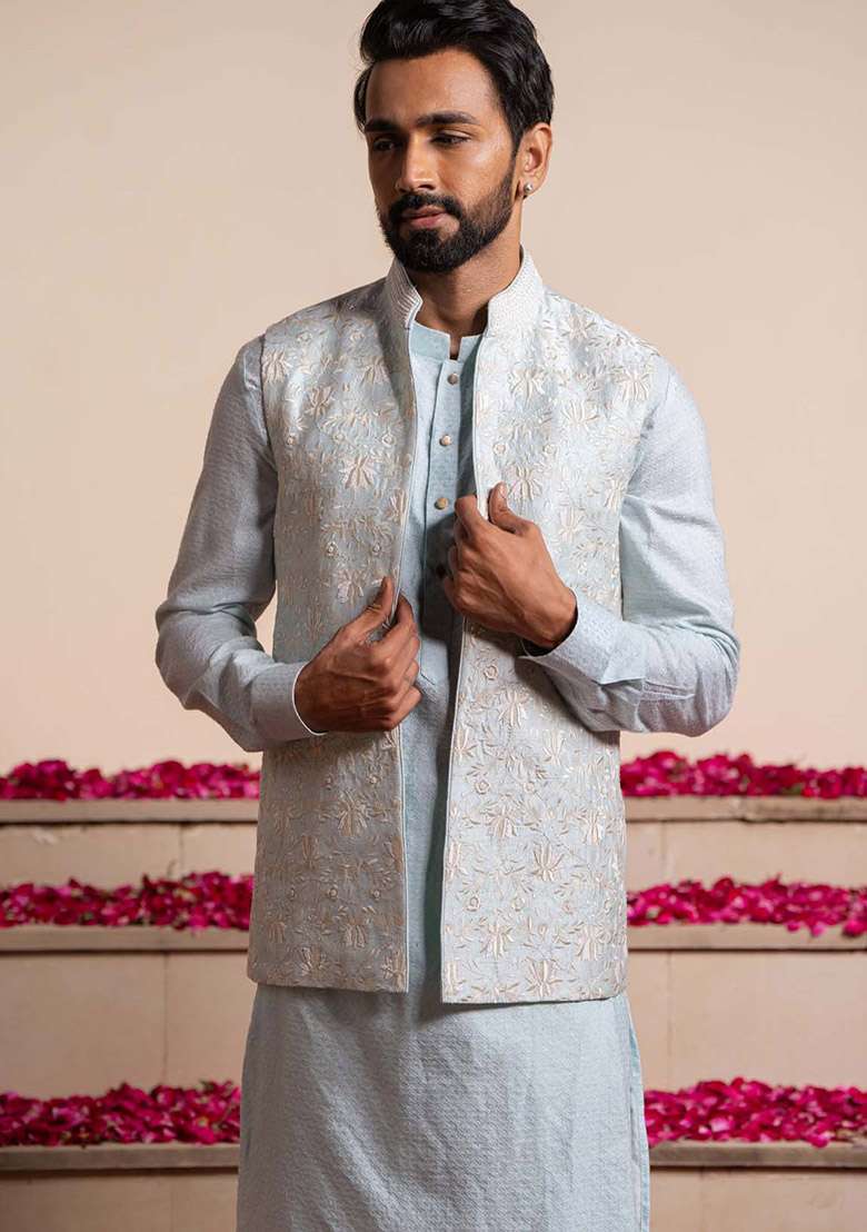 Ice Blue Embroidered Bundi Jacket For Men - Indya