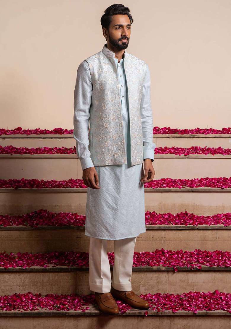 Ice Blue Embroidered Bundi Jacket For Men - Indya