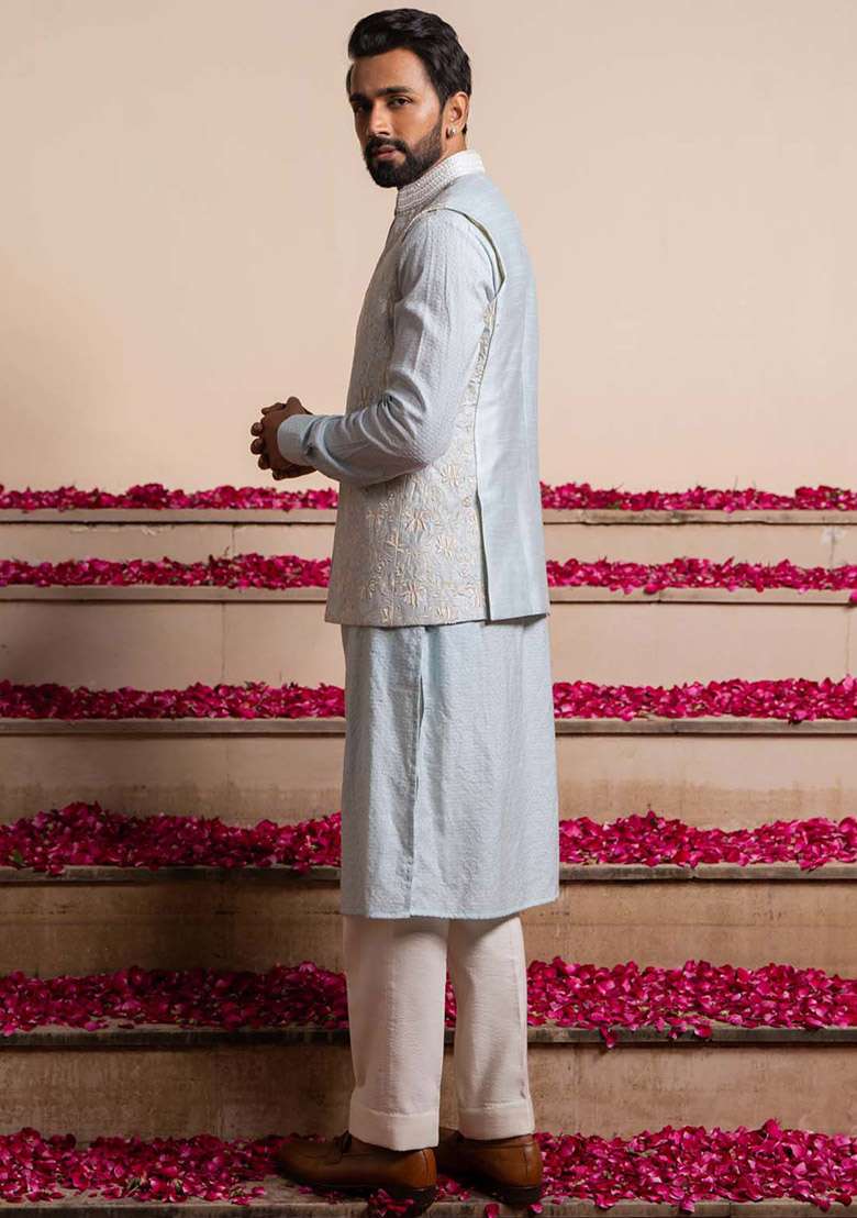 Ice Blue Embroidered Bundi Jacket For Men - Indya