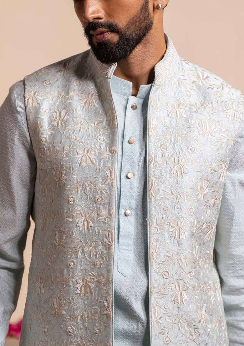 Ice Blue Embroidered Bundi Jacket For Men - Indya