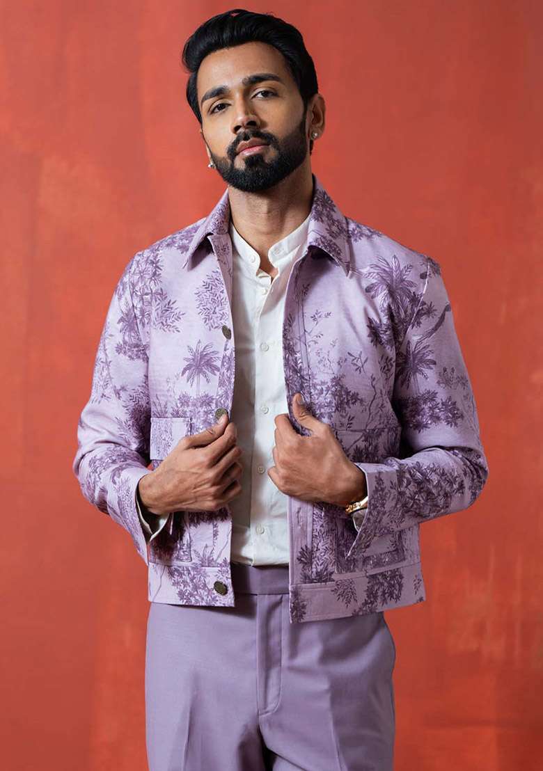 Lavender Digital Print Jacket For Men - Indya