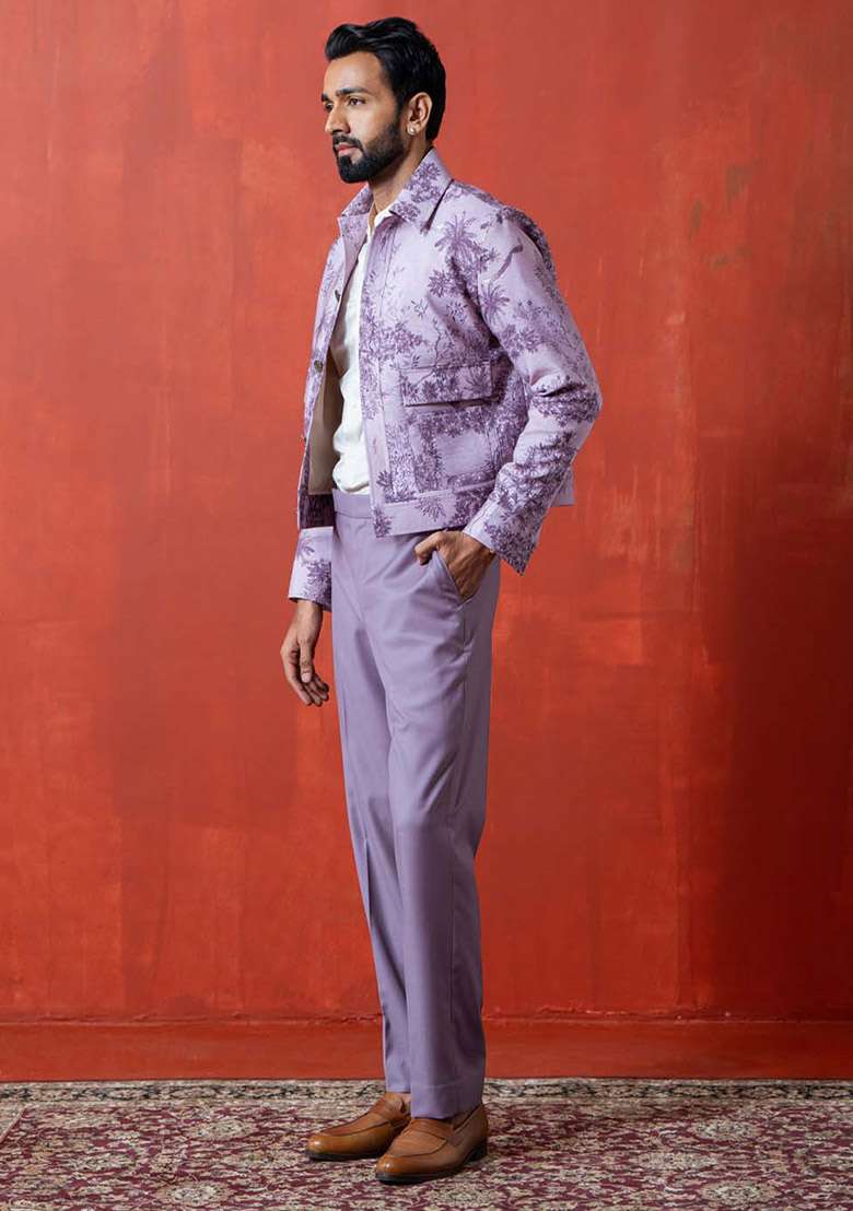 Lavender Digital Print Jacket For Men - Indya