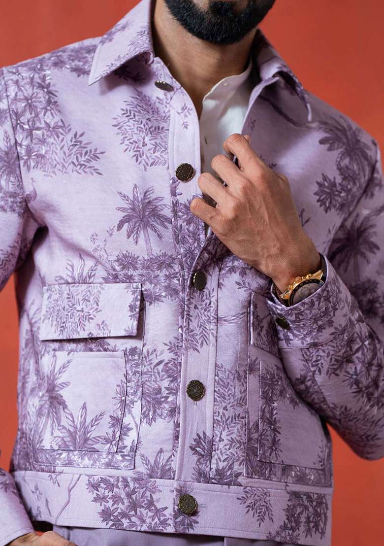 Lavender Digital Print Jacket For Men - Indya